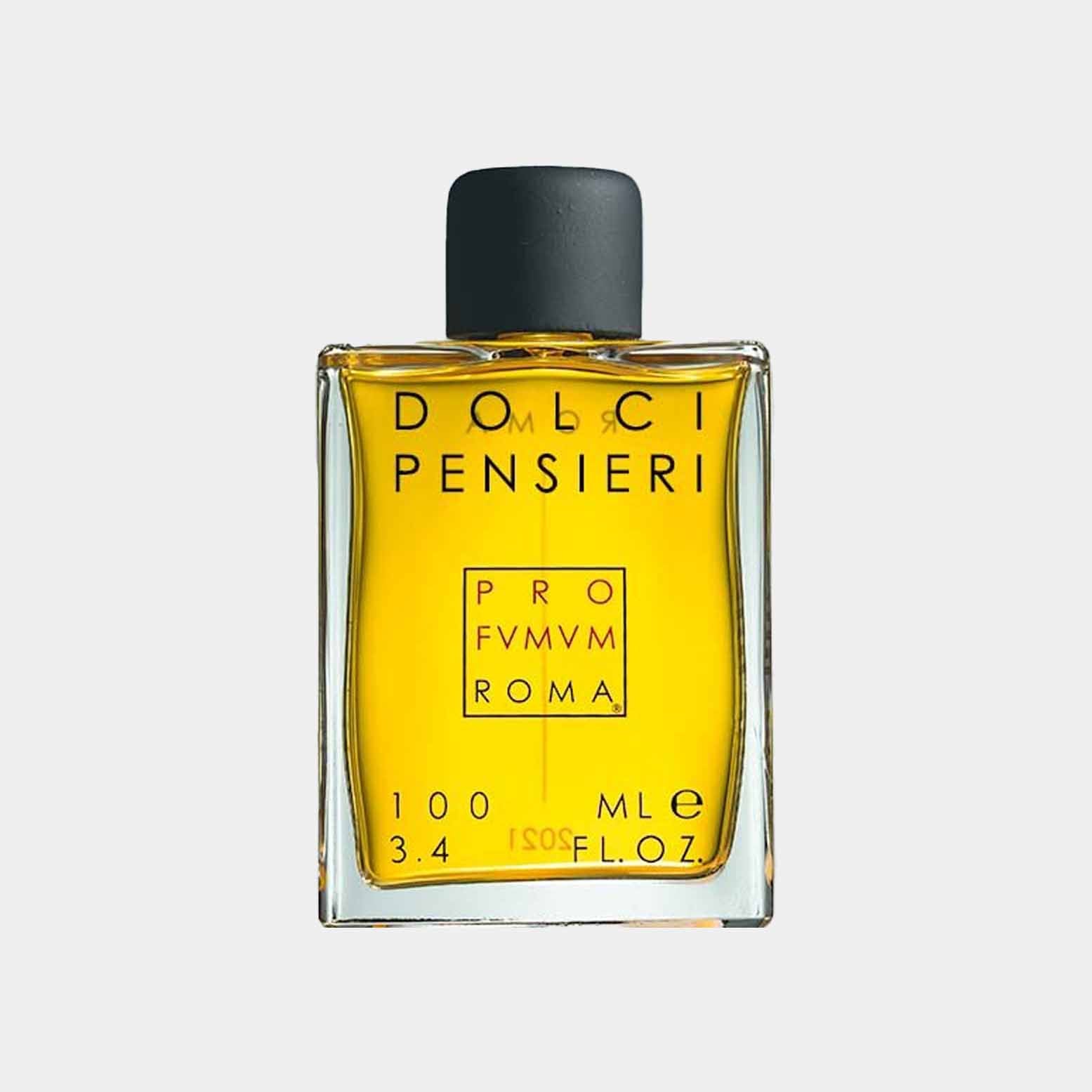 Sample bottle of Profumum Roma Dolci Pensieri, featuring a sleek square design with a black cap, containing a golden yellow fragrance.