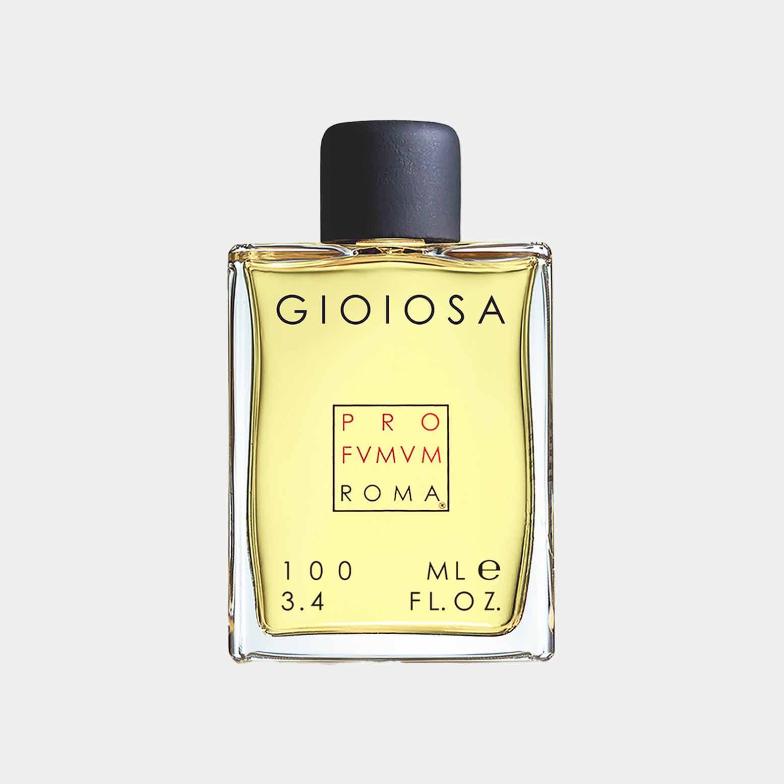 A clear glass bottle of Profumum Roma Gioiosa Sample, featuring a black cap and a label displaying the brand name and fragrance details, with a pale yellow liquid inside.
