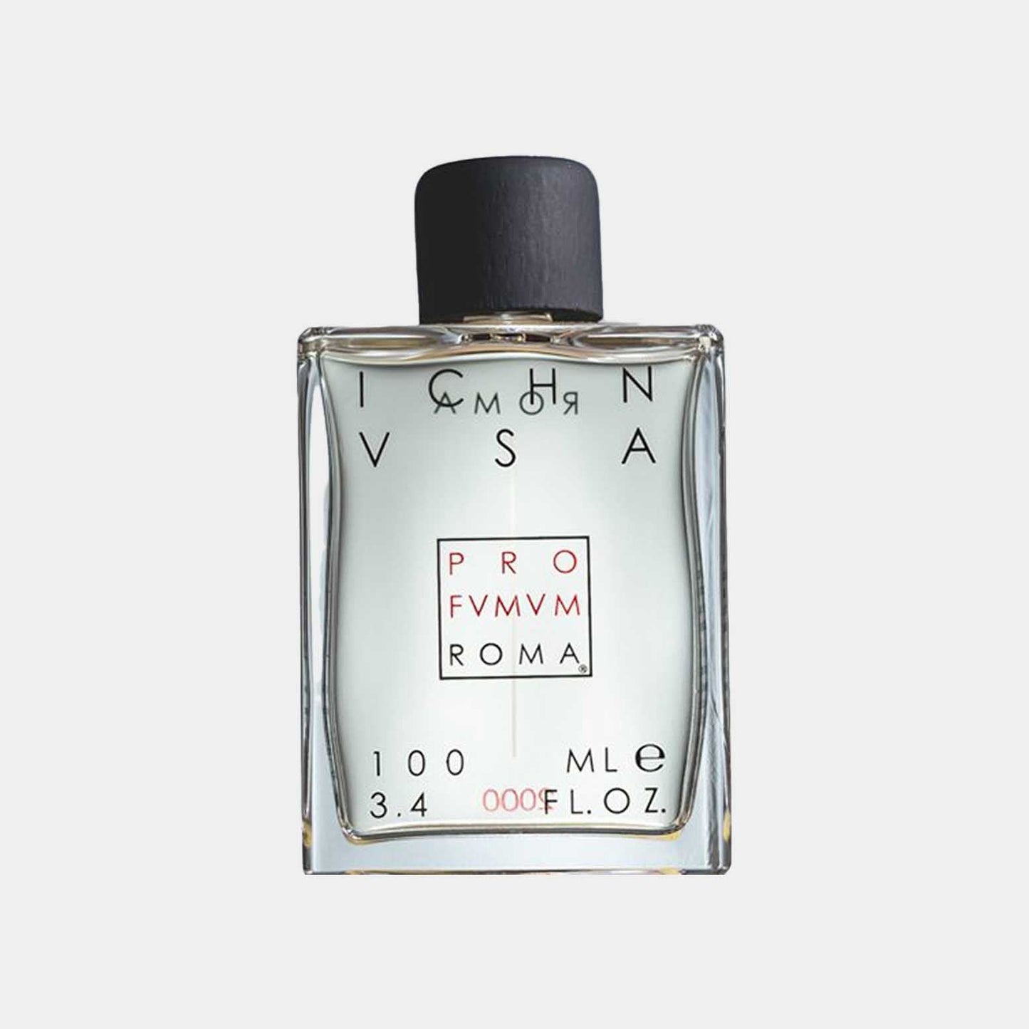 Profumum Roma Ichnusa sample, featuring a clear glass bottle with a minimalist design and a black cap, showcasing 100 mL of fragrance.