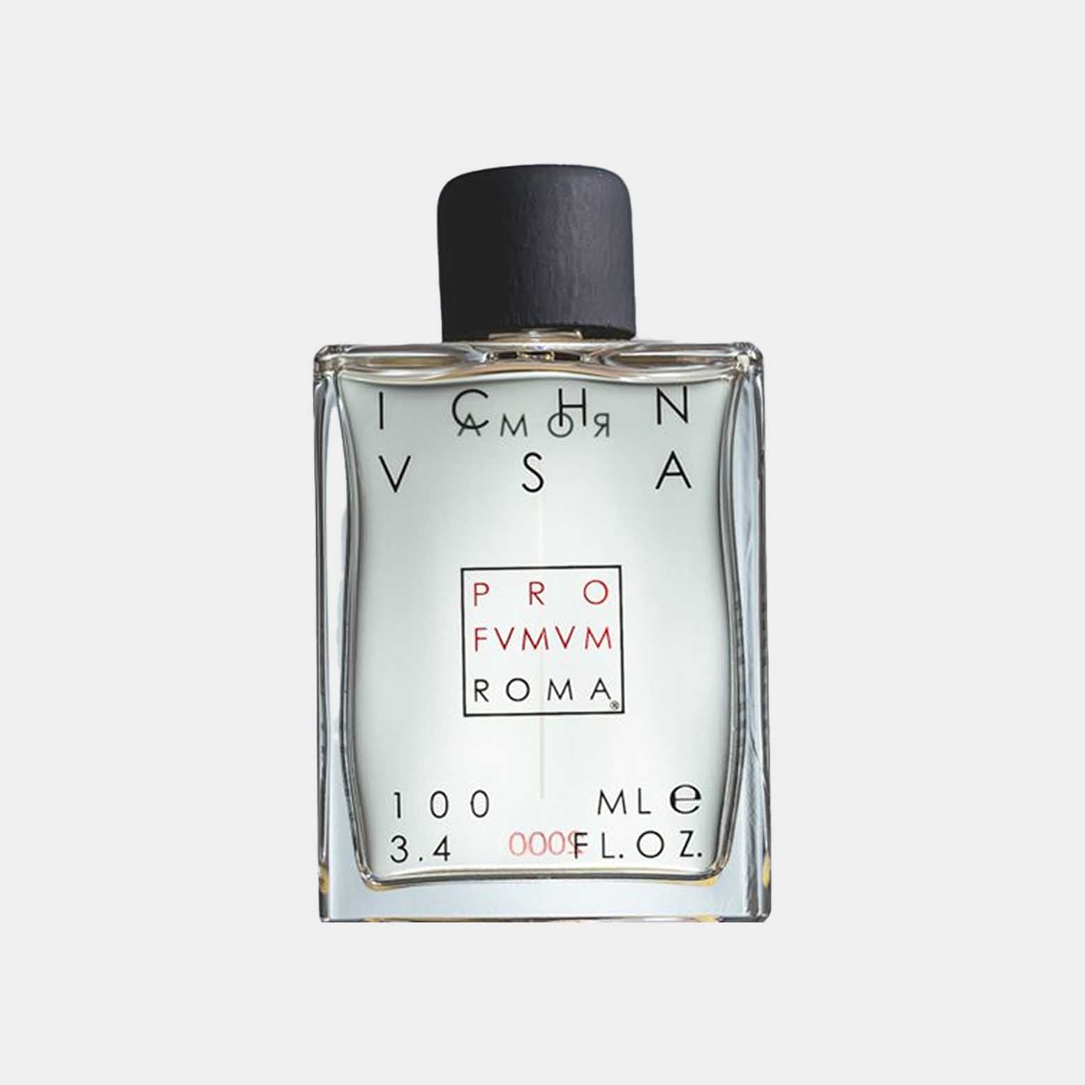 Profumum Roma Ichnusa sample, featuring a clear glass bottle with a minimalist design and a black cap, showcasing 100 mL of fragrance.