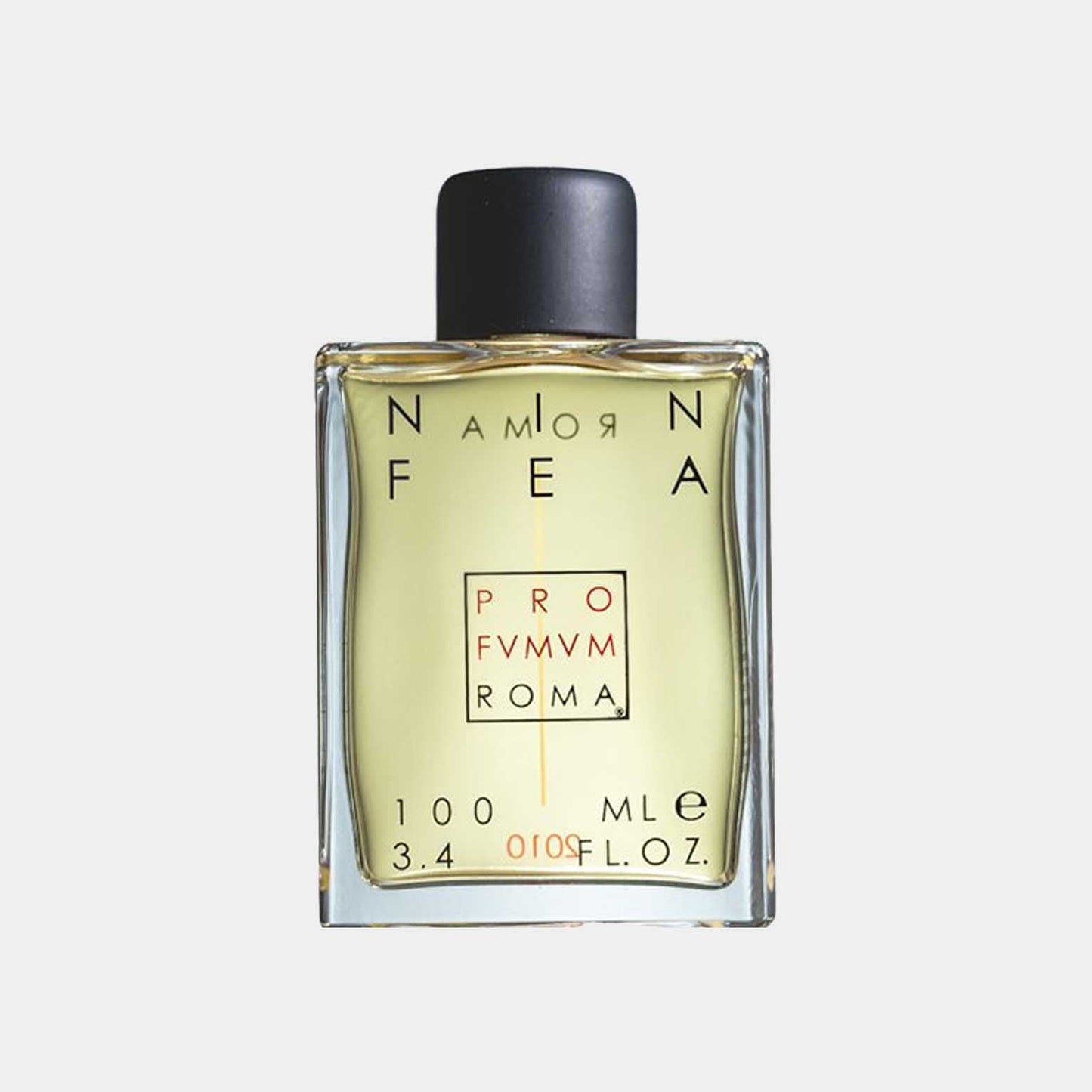A glass bottle of Profumum Roma Ninfea Sample, featuring a minimalist design with a black cap and a label that displays the brand name, volume, and product name. The liquid inside is a pale yellow color.