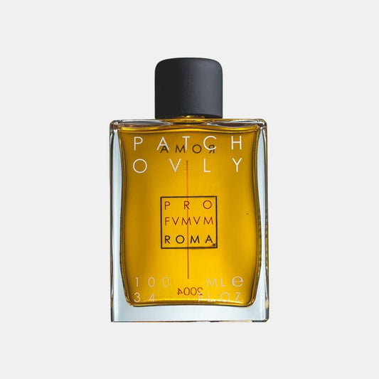 Profumum Roma Patchouly Sample, featuring a sleek glass bottle filled with rich, amber-colored fragrance and a black cap, elegantly labeled with the brand name.