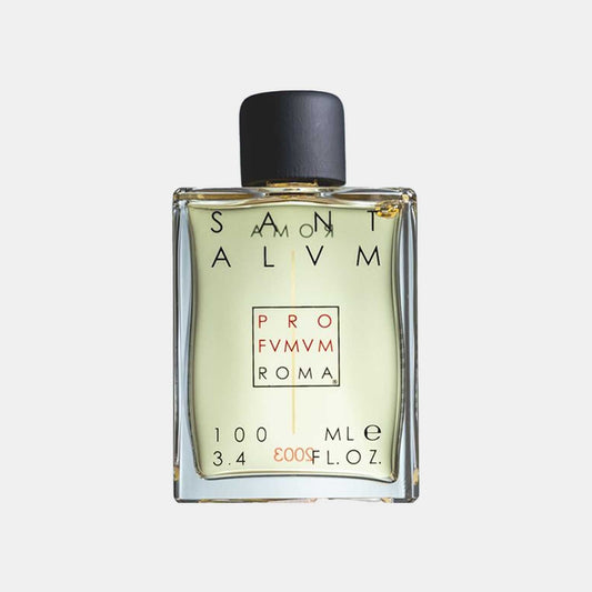 A bottle of Profumum Roma Santalum Sample, featuring a rectangular glass design with minimalistic black and gold labeling, containing a warm, amber-colored fragrance.