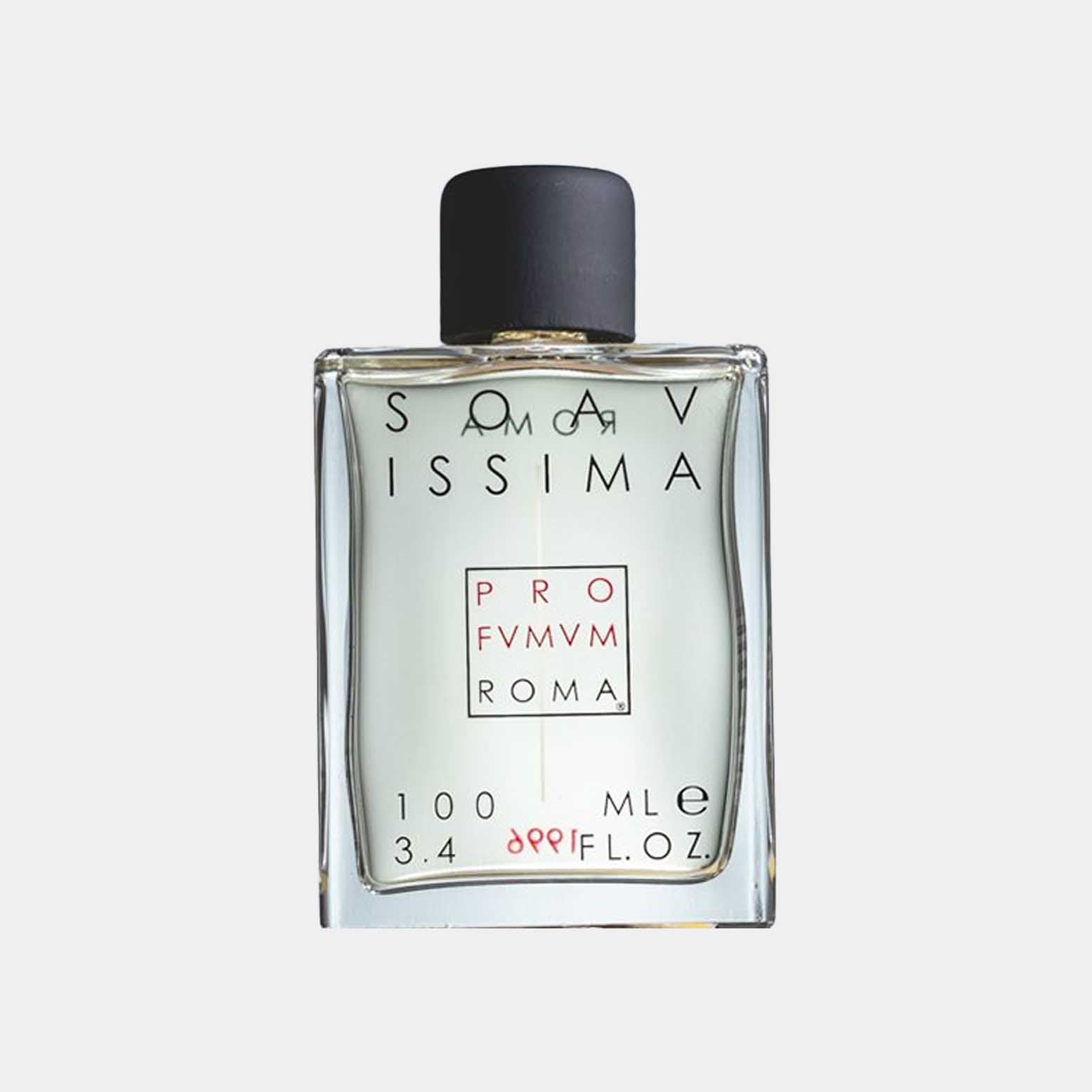 A clear glass bottle of Profumum Roma Soavissima Sample, featuring a minimalistic design with a black cap and bold lettering, containing 100 mL of fragrance.