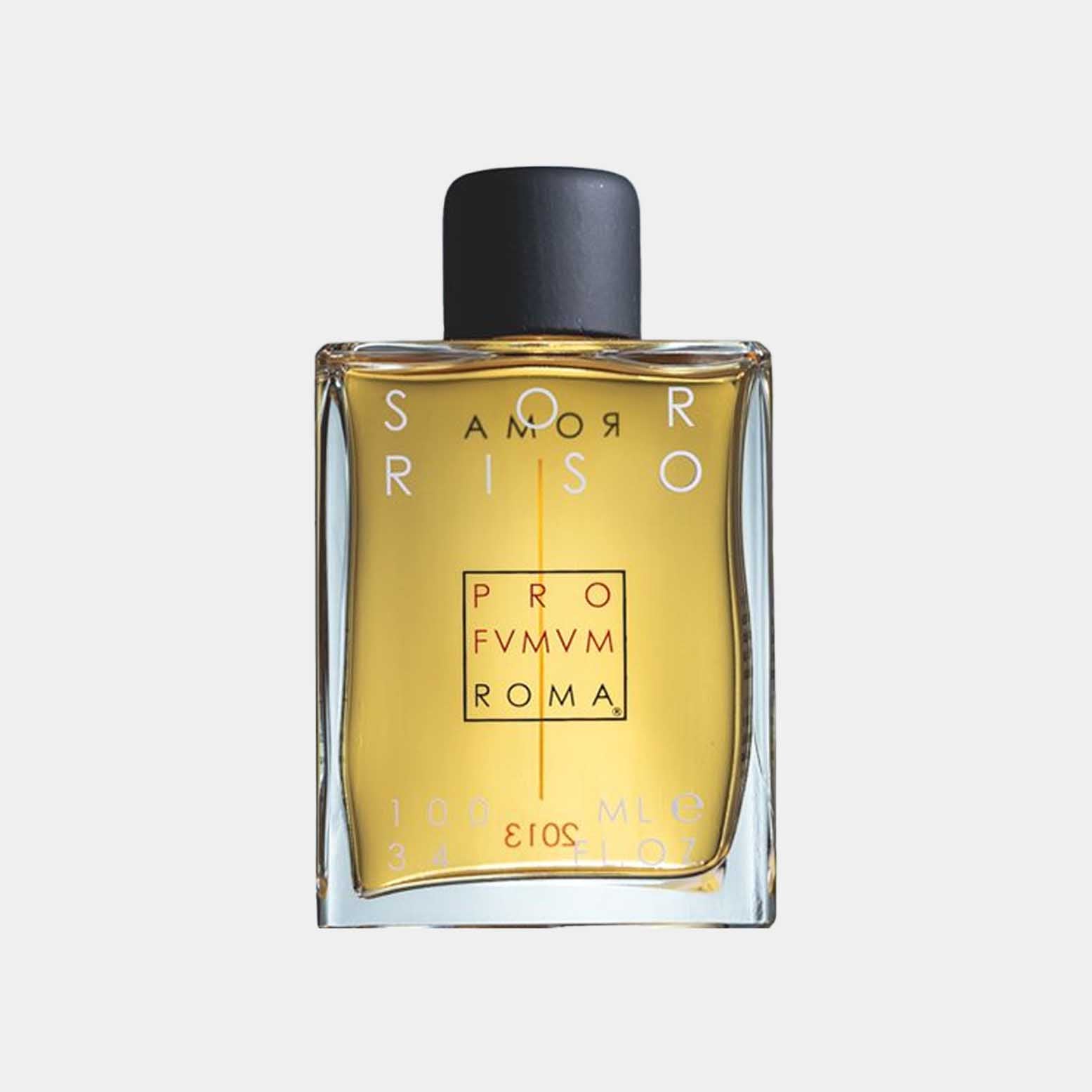 A sample bottle of Profumum Roma Sorriso perfume, featuring a simple rectangular design with an elegant black cap and a clear glass body showcasing the amber liquid inside.