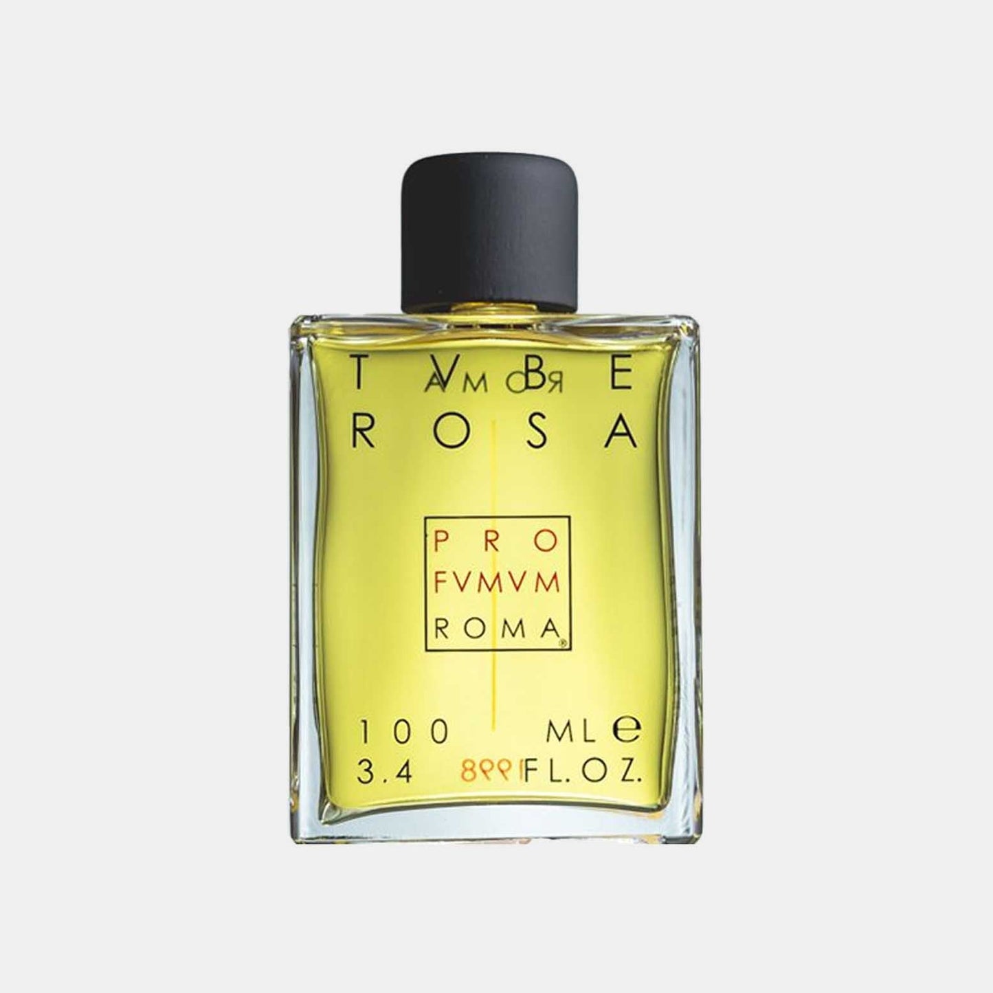 A bottle of Profumum Roma Tuberosa Sample, featuring a sleek glass design with a black cap and a bright yellow liquid inside, labeled with distinctive typography.