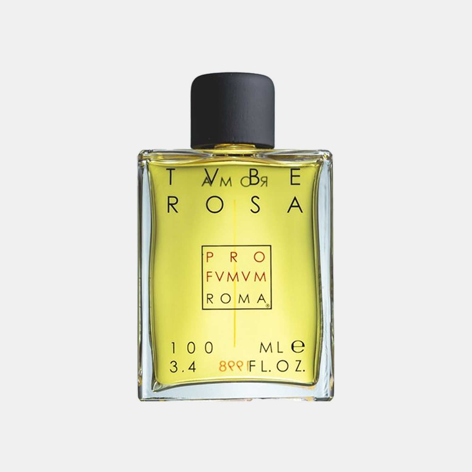 A bottle of Profumum Roma Tuberosa Sample, featuring a sleek glass design with a black cap and a bright yellow liquid inside, labeled with distinctive typography.