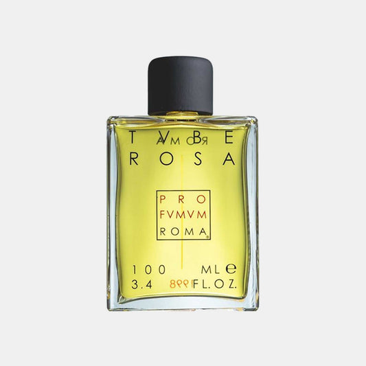 A bottle of Profumum Roma Tuberosa Sample, featuring a sleek glass design with a black cap and a bright yellow liquid inside, labeled with distinctive typography.