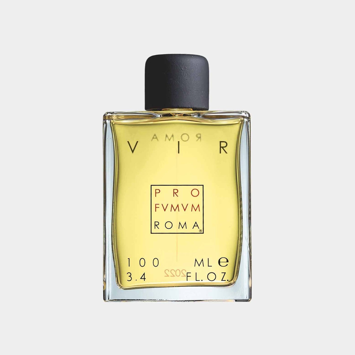 Profumum Roma Vir Sample, a glass bottle containing a yellow fragrance liquid, featuring a sleek design with a black cap and minimalistic label.