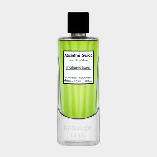 A transparent bottle of Panouge Paris Absinthe Gaiac Sample, featuring a vibrant green liquid and a sleek black cap, elegantly designed for a natural spray application. The label indicates it is an eau de parfum.