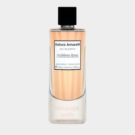 Panouge Paris Datura Amaretti Sample, a clear glass perfume bottle filled with a soft peach-colored liquid, featuring a sleek black cap and minimalistic label.