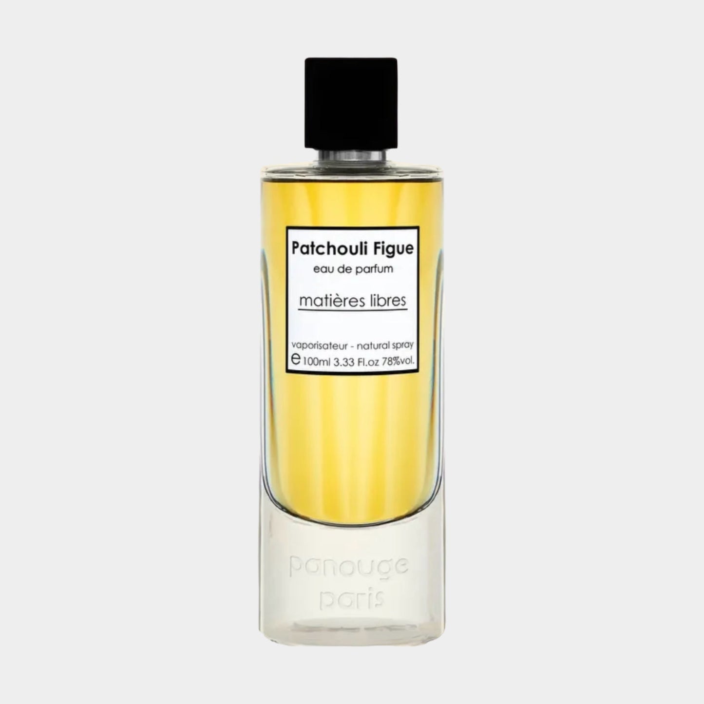 A full bottle of Panouge Paris Patchouli Figue eau de parfum, showcasing a sleek transparent design with a black cap and a yellow liquid inside, labeled elegantly with its name and product details.