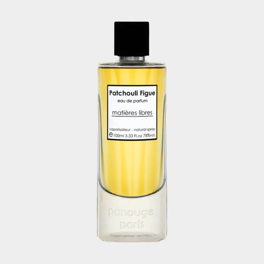 Panouge Paris Patchouli Figue Sample, featuring a sleek transparent bottle with a black cap, containing a warm, golden fragrance.
