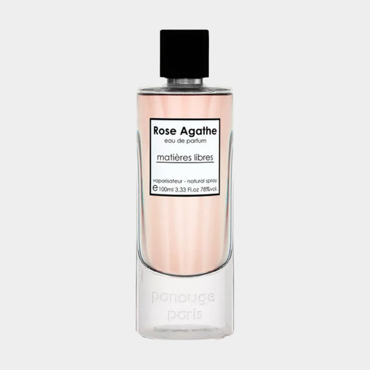 A full bottle of Panouge Paris Rose Agathe, featuring a sleek glass design with a minimalist label, containing 100ml of eau de parfum. The liquid has a delicate pink hue.