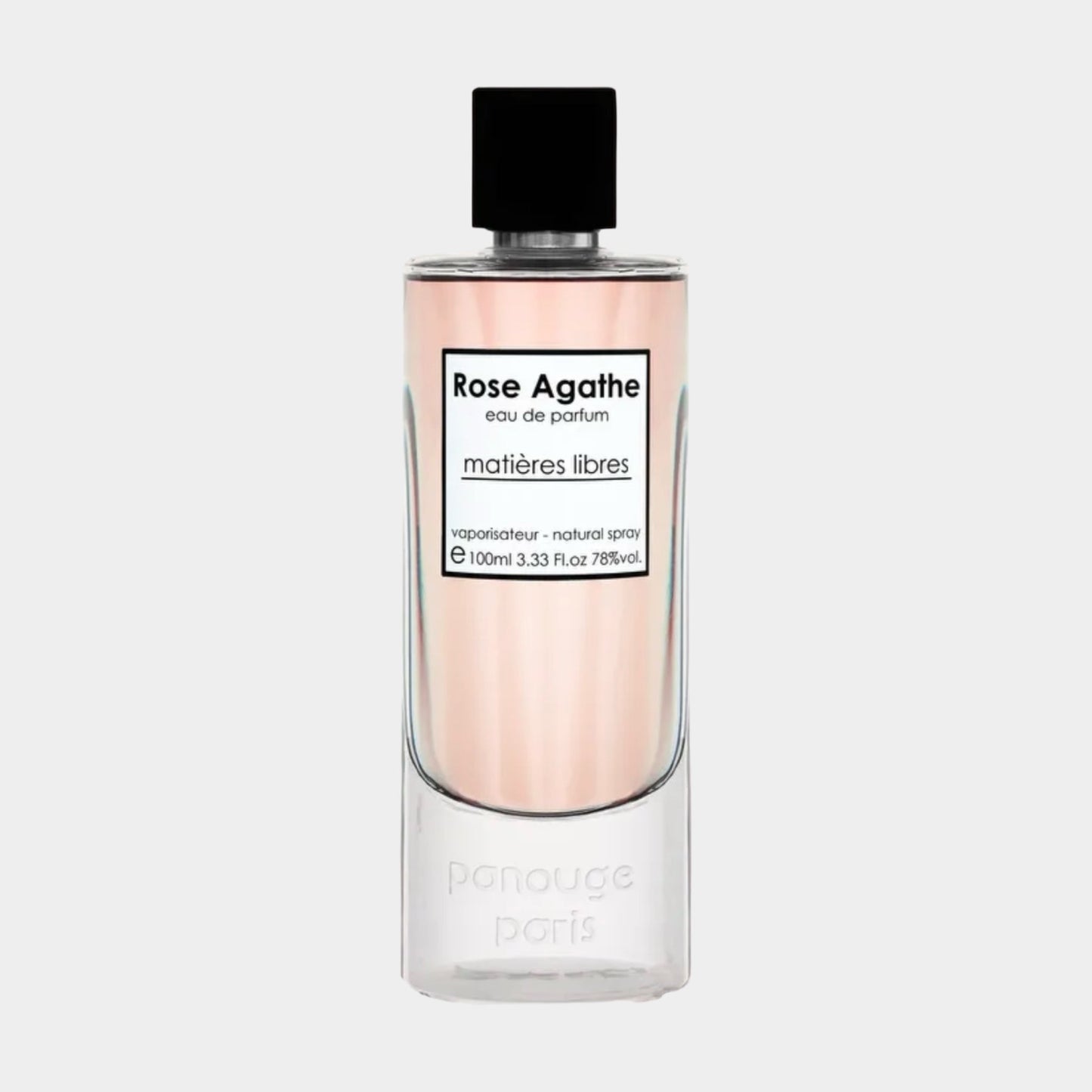 A transparent perfume bottle with a sleek design, featuring a black cap and a label that reads Panouge Paris Rose Agathe in elegant font. The liquid inside is a soft pink hue, showcasing the fragrance's floral essence.