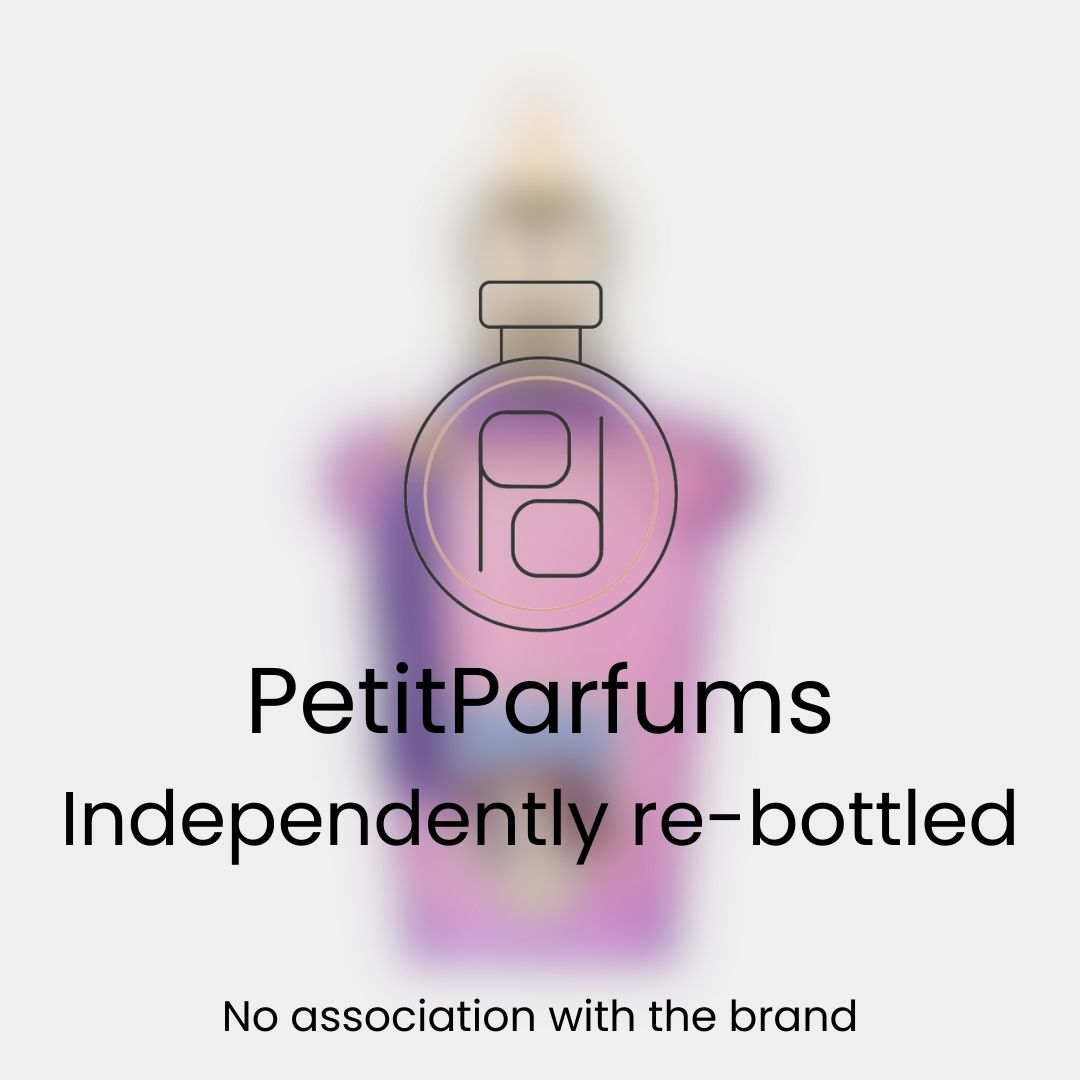 La Tosca Sample by PetitParfums, presented in a re-bottled format with a stylish and colorful design. The image features a blurred background and the brand’s logo prominently displayed.