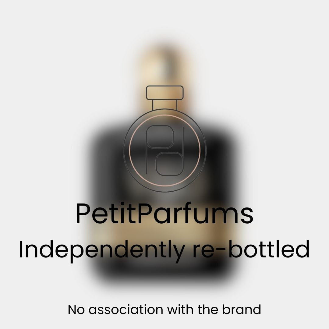 A sample bottle of 'Stronger With You Oud' by PetitParfums, featuring a dark, elegant design with the brand's logo overlay. The bottle is neatly labeled to indicate it has been independently re-bottled.