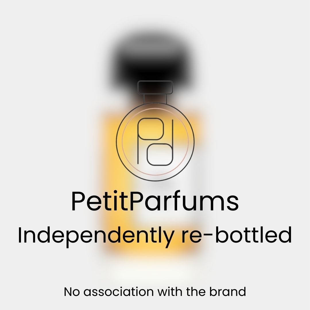 Nuit de Sable Sample by PetitParfums, featured in a re-bottled glass vial with a black cap, showcasing a warm amber hue.