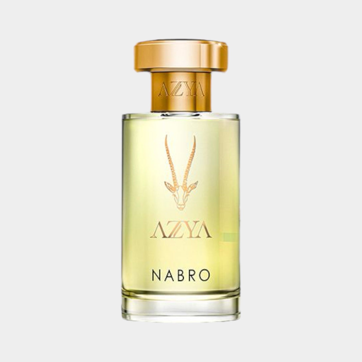 Azya Nabro Sample is a sleek glass perfume bottle featuring a gold cap and a minimalist design, showcasing the fragrance's light yellow hue.