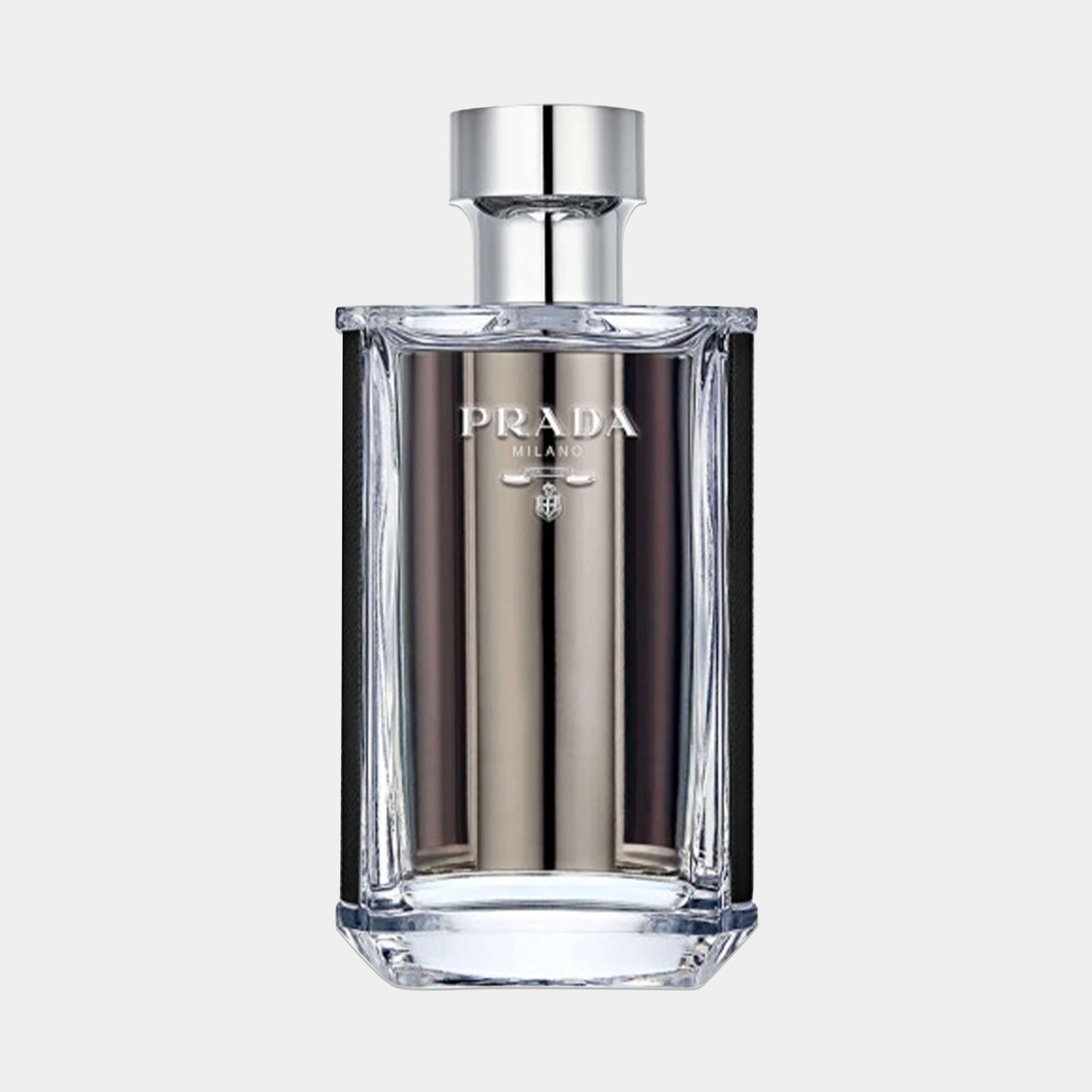A sleek, modern bottle of Prada L'homme EDT Sample, featuring a clear glass design with silver accents and the brand's logo prominently displayed. The elegant shape and minimalistic style reflect the fragrance's sophisticated nature.