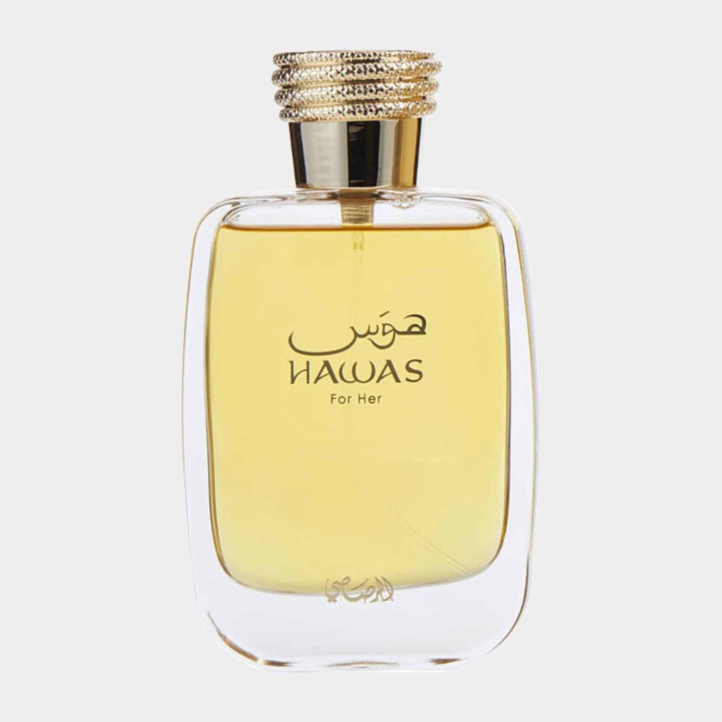 A clear glass bottle of Rasasi Hawas for Her Sample, featuring a golden cap and elegantly curved design, containing a light yellow fragrance.