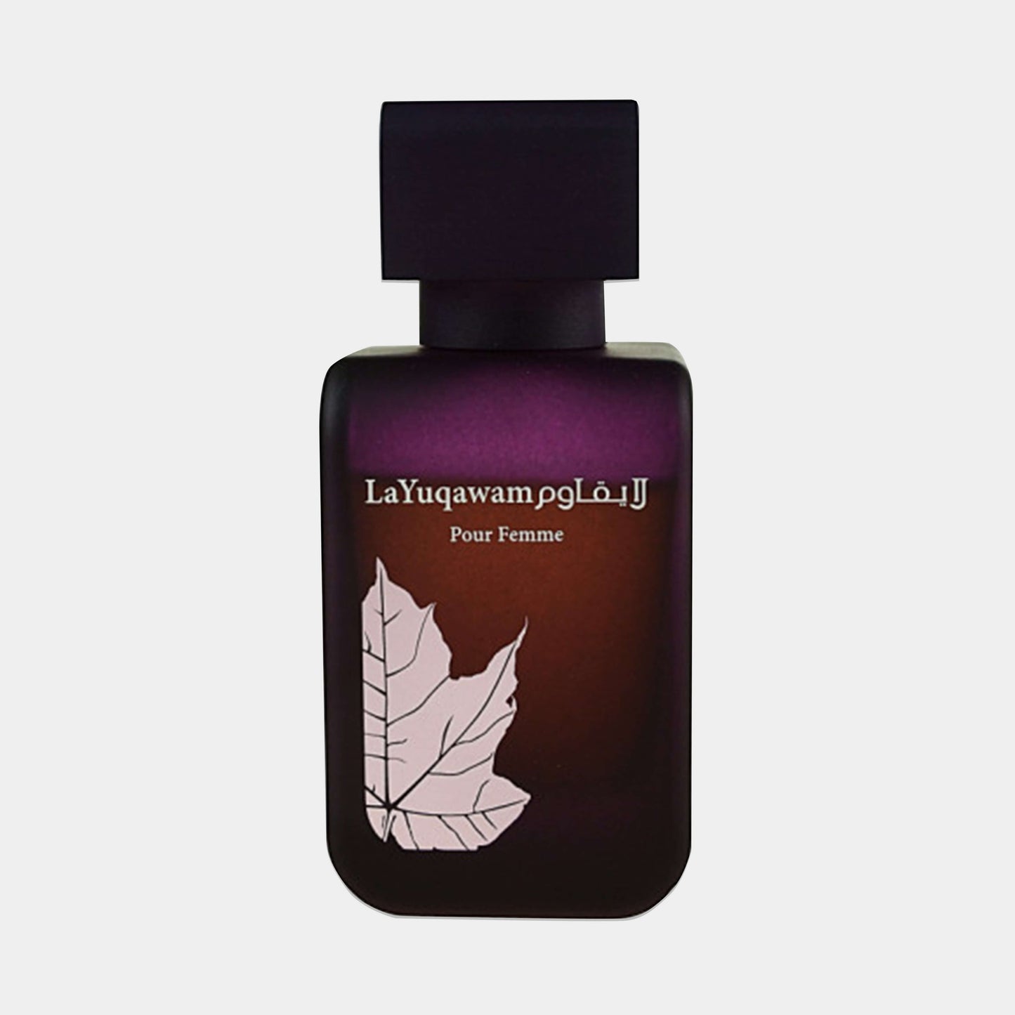 A sleek and elegant bottle of Rasasi La Yuqawam Pour Femme Sample, featuring a dark gradient background and a minimalist leaf design on the label. The bottle's design reflects sophistication and femininity.