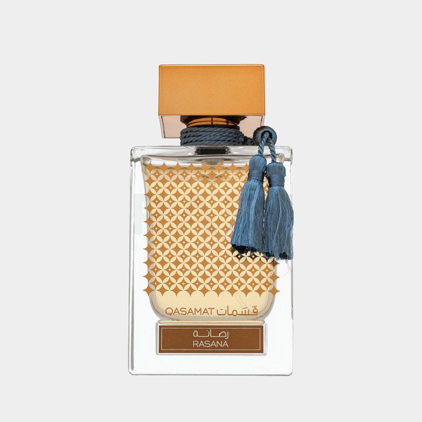 A full bottle of Rasasi Qasamat Rasana perfume, featuring an elegant design with a gold-patterned label and a decorative blue tassel. The bottle has a square shape and a distinctive golden cap.