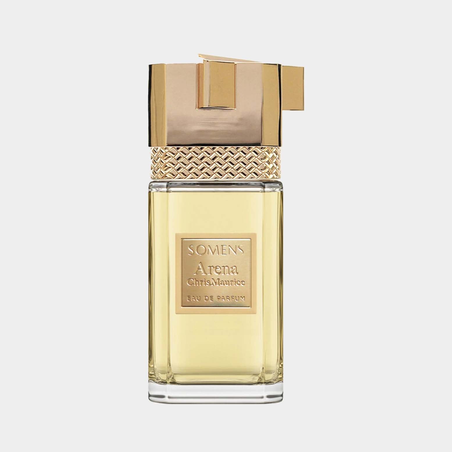 A sleek glass bottle of Somens Arena Eau de Parfum, featuring a decorative golden cap and an elegant design, showcasing a vibrant yellow fragrance inside.
