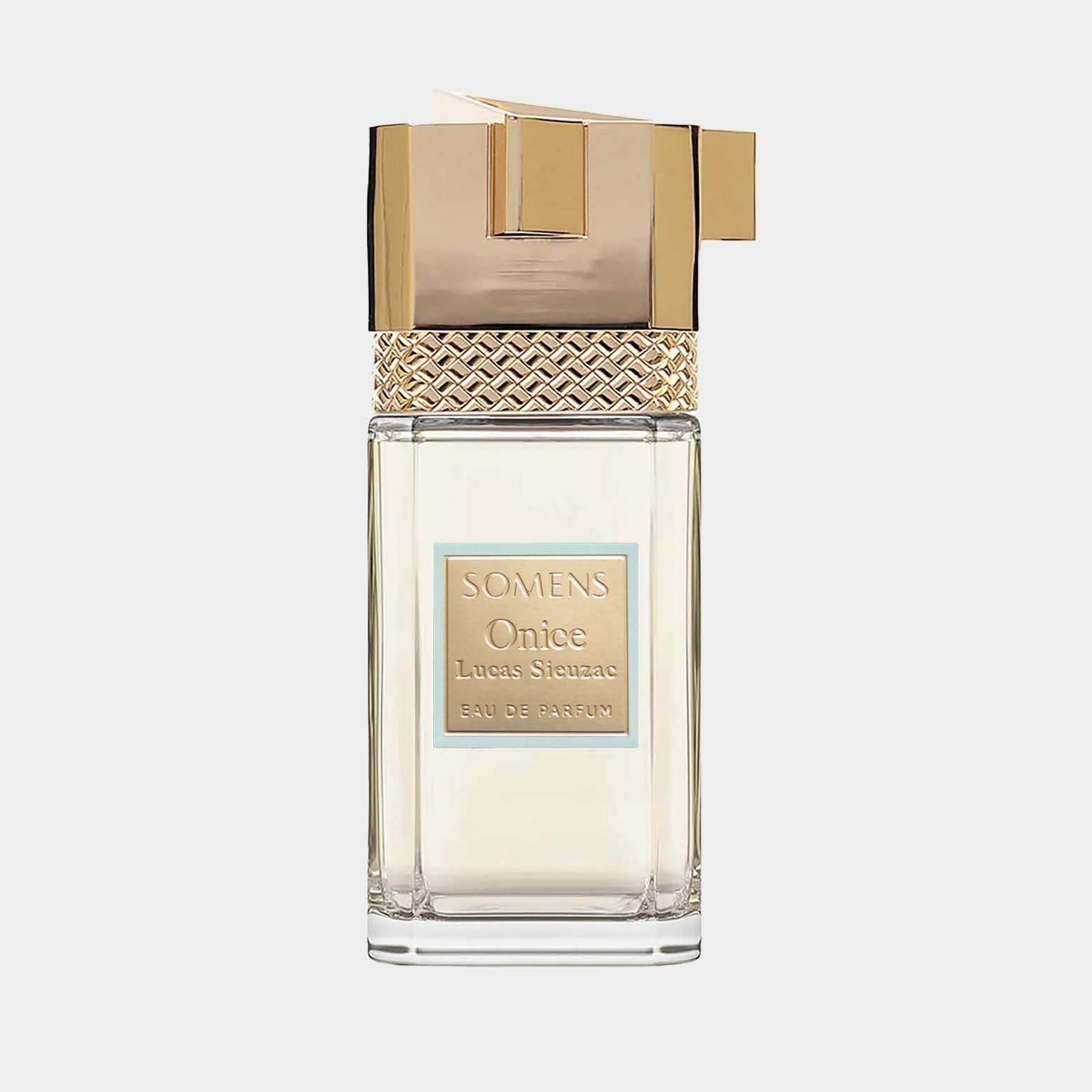 A bottle of Somens Onice Sample perfume, featuring a sleek glass design with a gold and silver cap. The label prominently displays Somens Onice and Eau de Parfum.