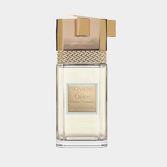 A bottle of Somens Onice Sample perfume, featuring a sleek glass design with a gold and silver cap. The label prominently displays Somens Onice and Eau de Parfum.