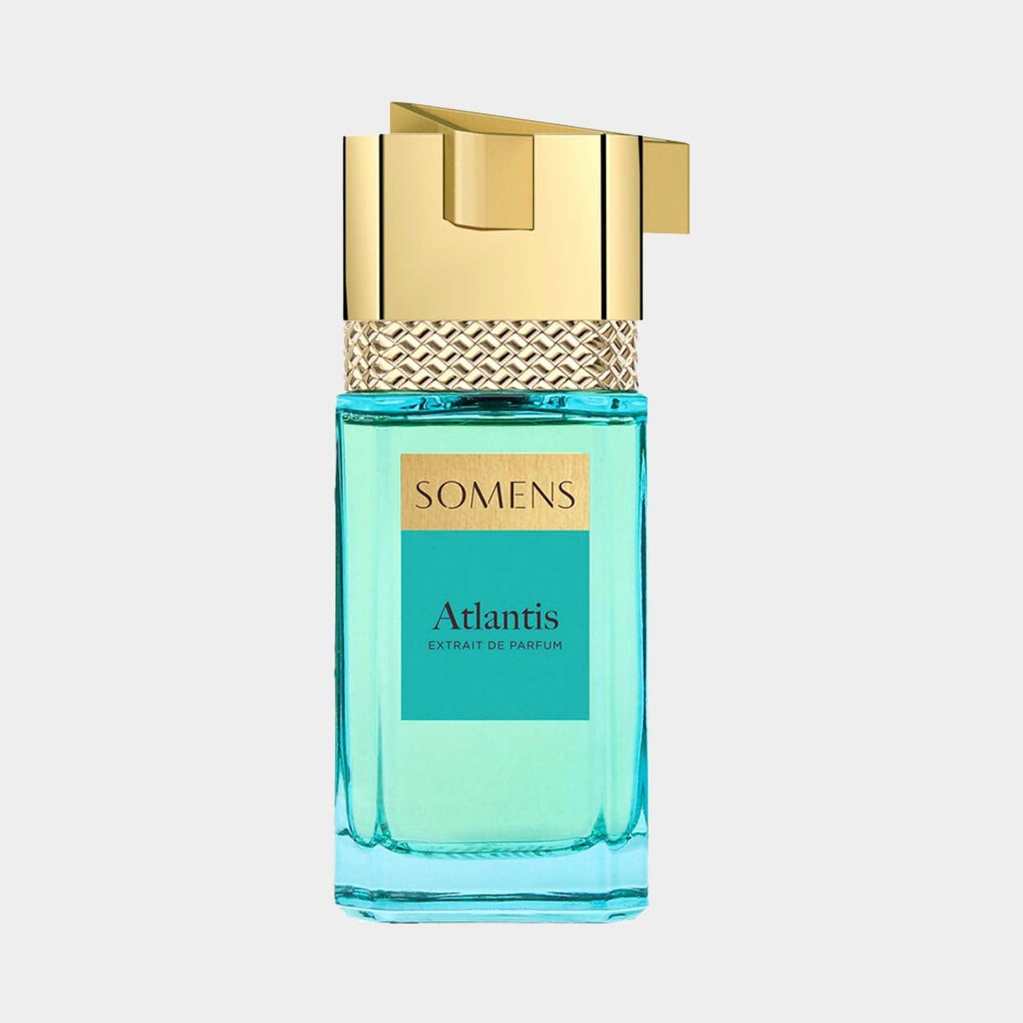 A stylish bottle of Somens Atlantis Sample, featuring a turquoise liquid and a gold cap, elegantly designed for an extrait de parfum.