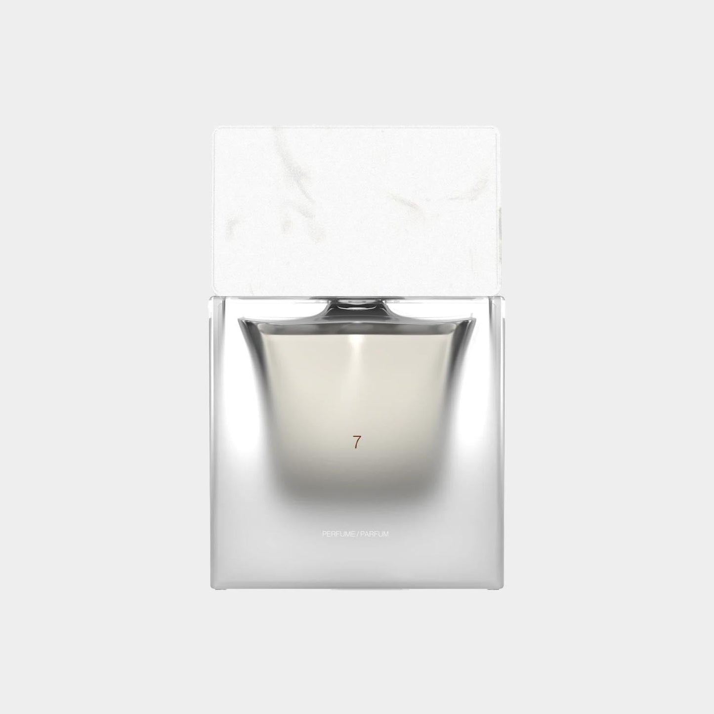 A sleek and elegant full bottle of Sora Dora 7 perfume, featuring a minimalist design with a white marble cap and a frosted glass base displaying the number 7.