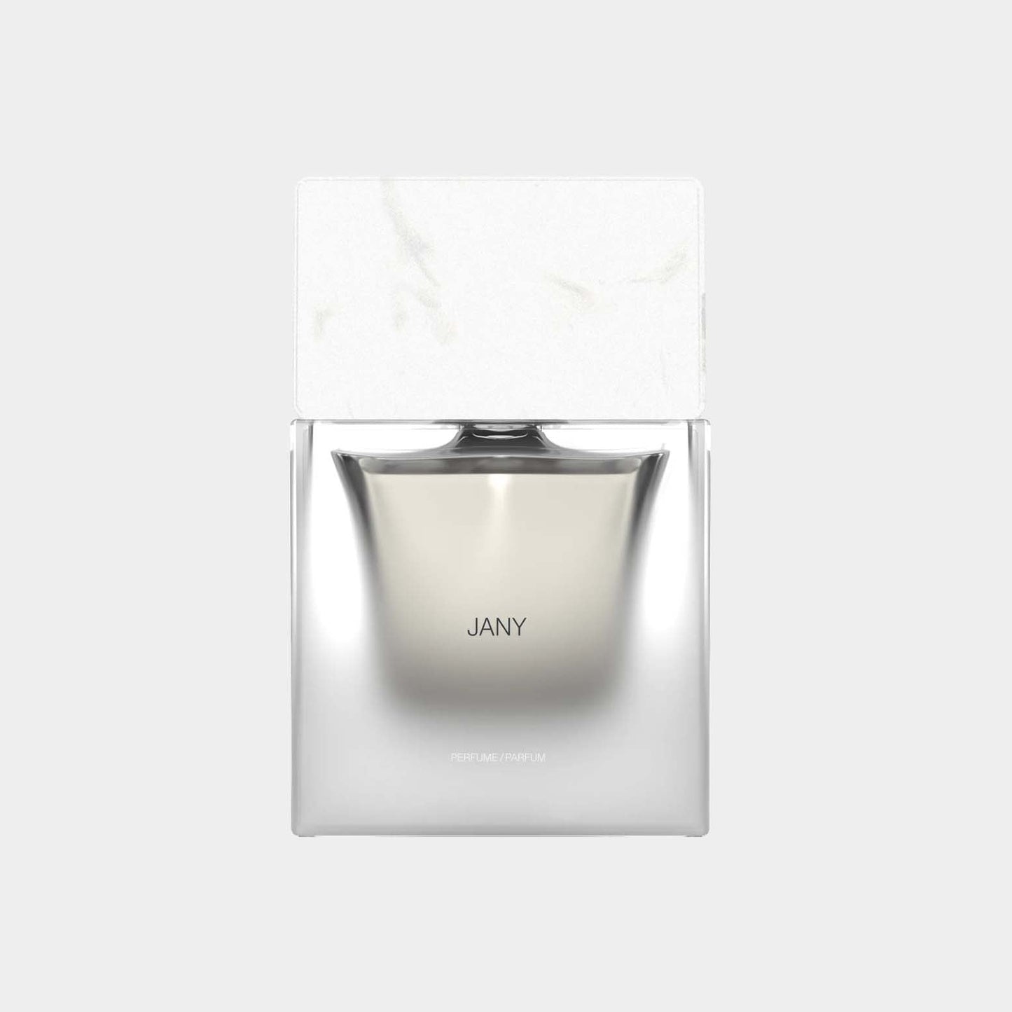 A sleek, modern perfume bottle labeled JANY from the Sora Dora collection, featuring a minimalist design with a white marble cap and a clear glass body.