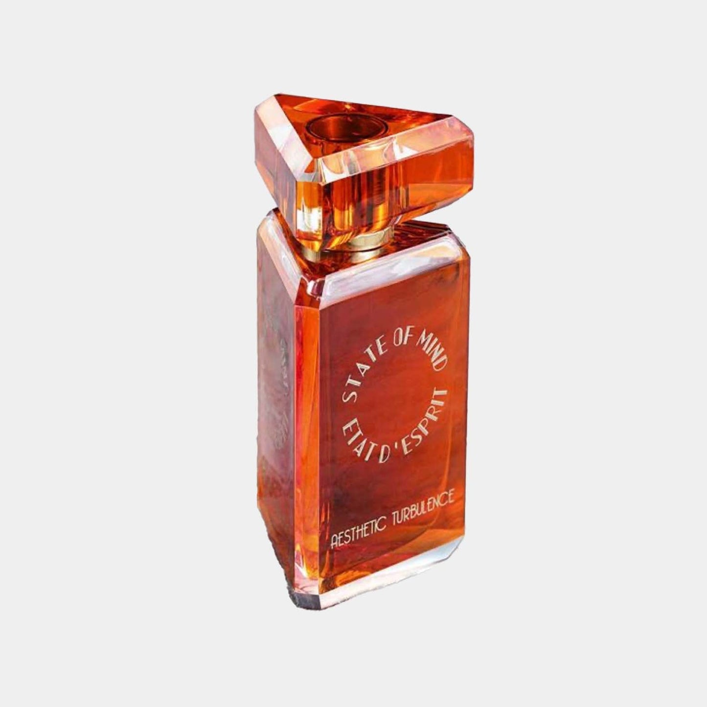 A stylish perfume bottle labeled 'State of Mind Aesthetic Turbulence Sample,' featuring an angular, amber-colored design that exudes a modern aesthetic.
