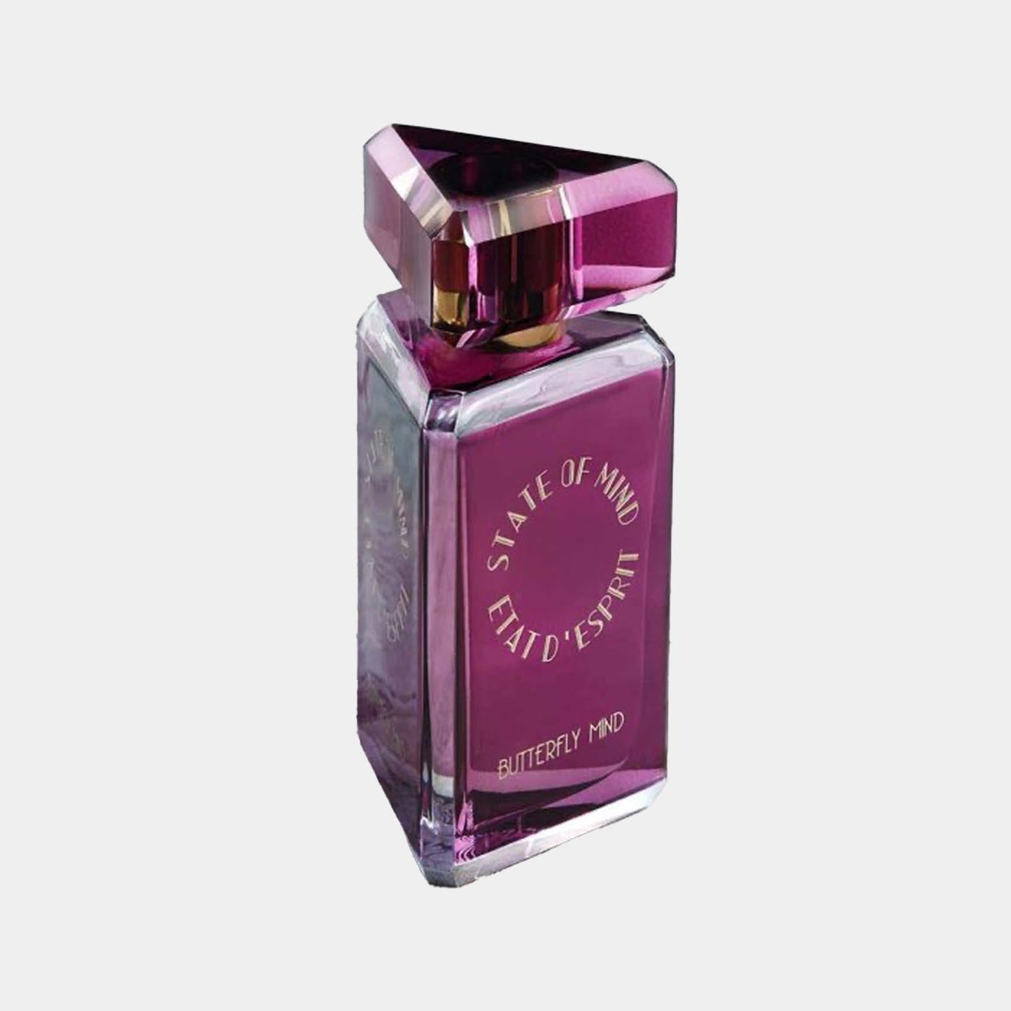A sleek, purple perfume bottle labeled State of Mind Butterfly Mind Sample, featuring a unique geometric cap that adds an elegant touch to its sophisticated design.