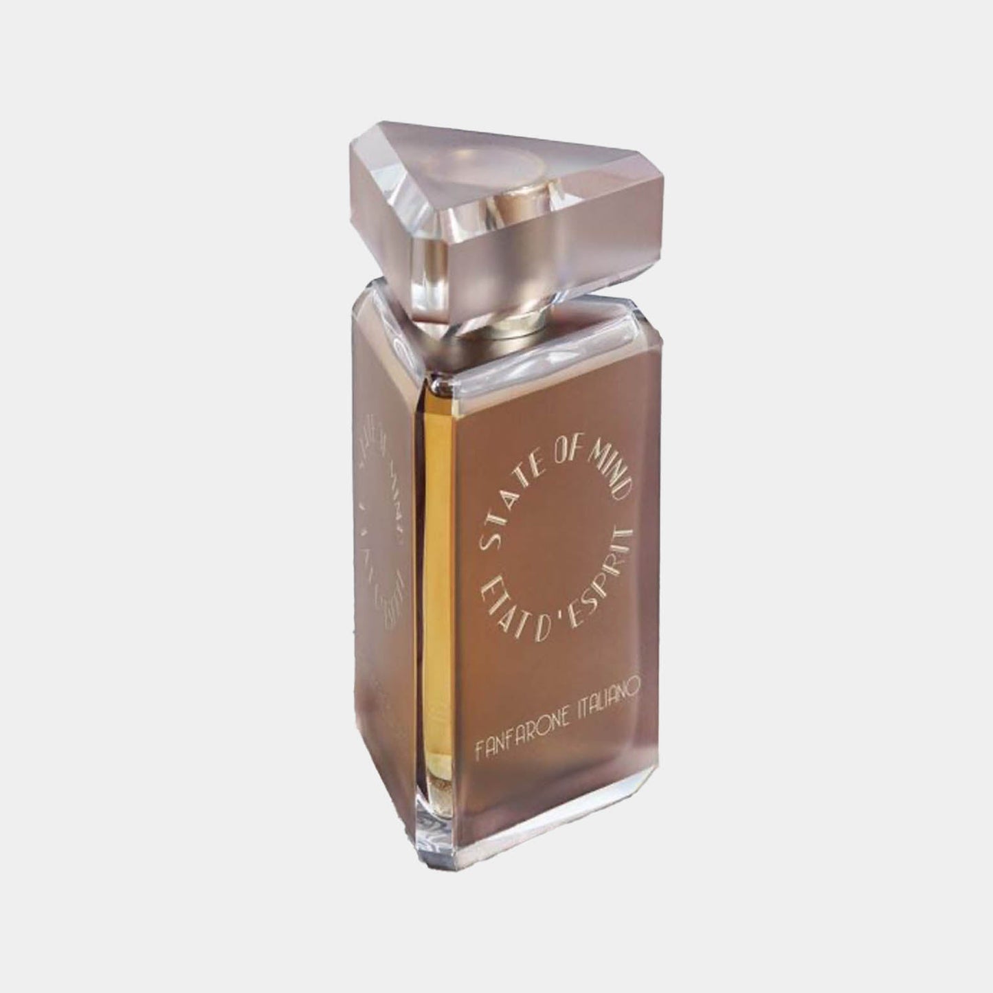 A sleek, elegant perfume bottle labeled State of Mind Fanfarone Italiano Sample, featuring a diamond-shaped cap and a warm amber liquid inside. The minimalist design highlights the luxurious essence of the fragrance.