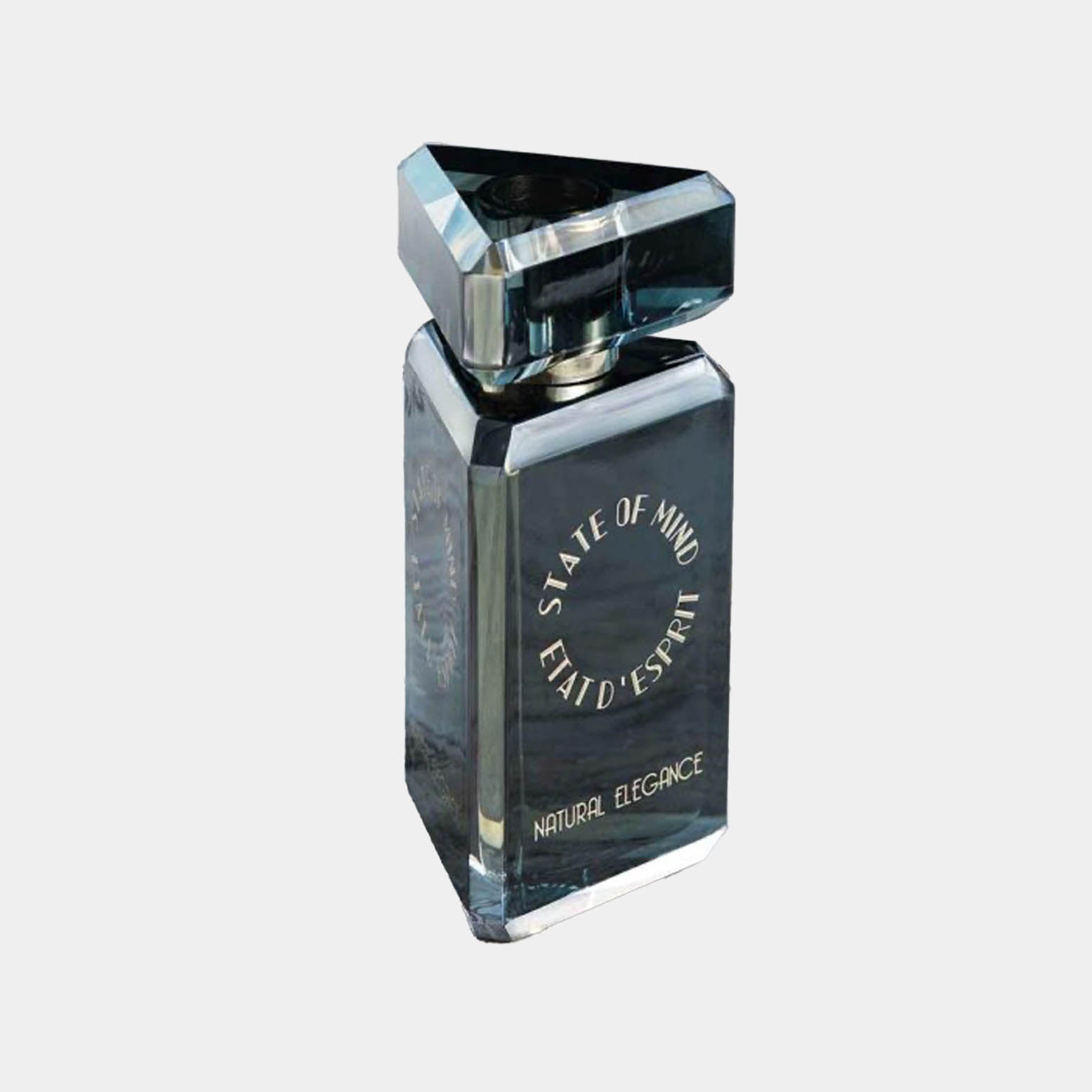 A sleek, triangular bottle of State of Mind Natural Elegance Sample perfume, featuring a dark glass design with a minimalist label. The bottle rests on a light background, highlighting its elegant shape.
