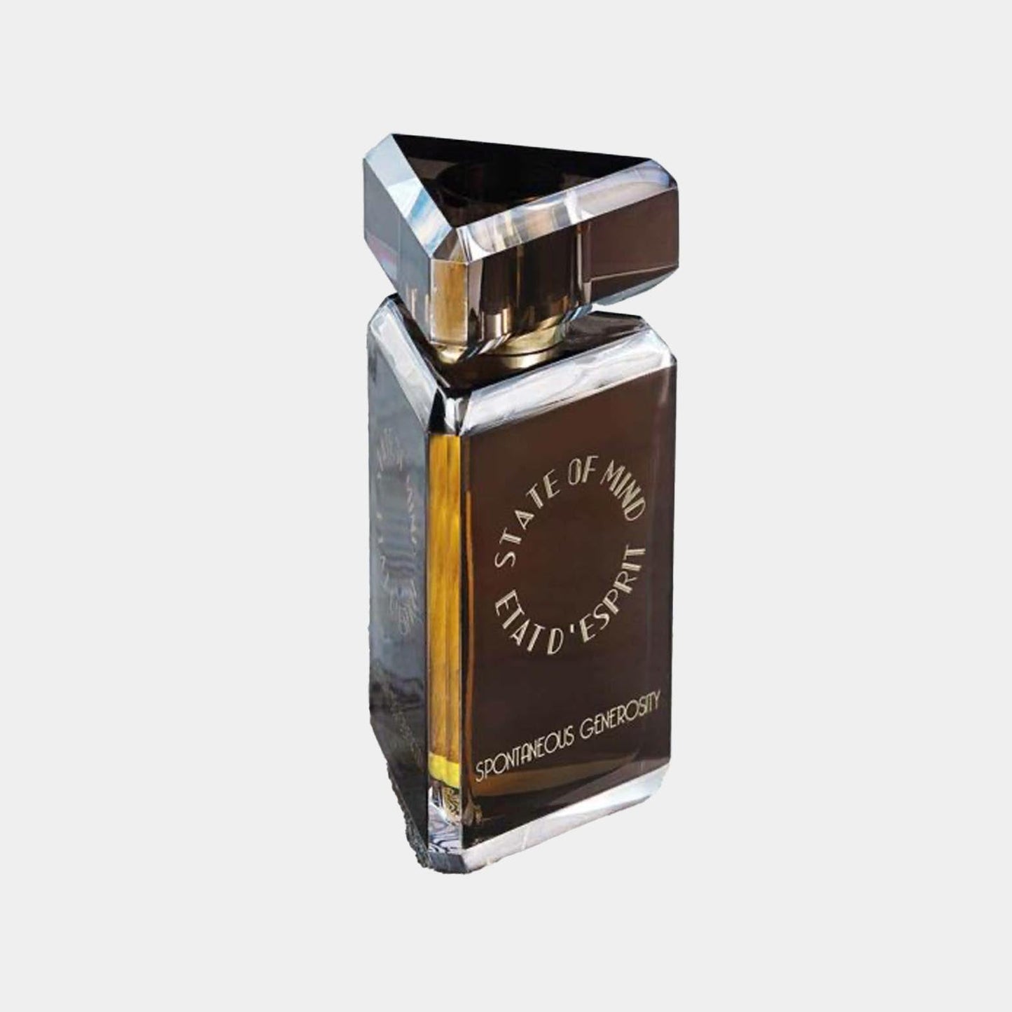 A sleek, triangular perfume bottle labeled State of Mind Spontaneous Generosity Sample, featuring a reflective surface and an elegant design.