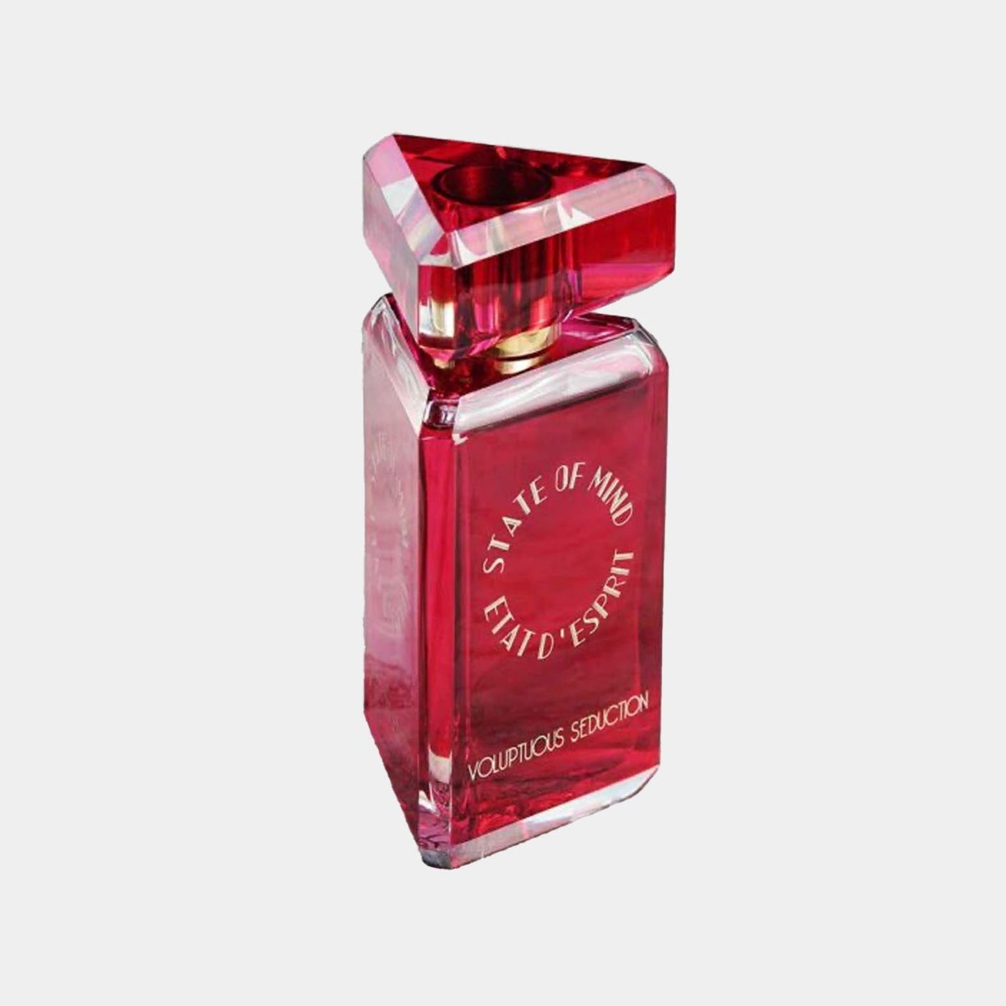 Bottle of State of Mind Voluptuous Seduction Sample, featuring a distinctive triangular cap and a bold, red glass design. The elegant packaging hints at a luxurious fragrance experience.