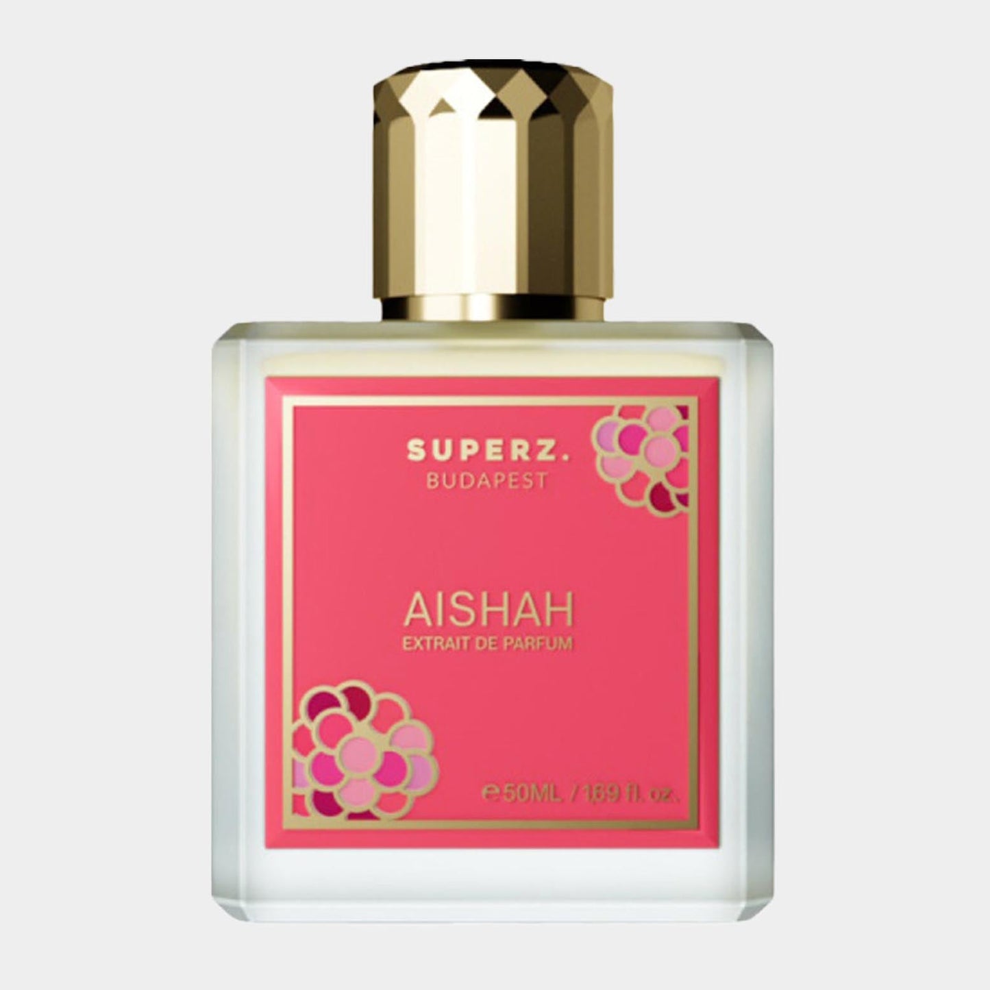 Superz Aishah Sample is a 50ml fragrance bottle featuring a light pink label adorned with floral designs, exuding elegance with its gold cap and distinctive branding.