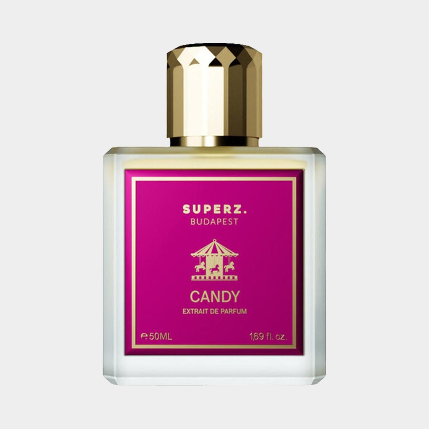 A bottle of Superz Candy Sample fragrance, featuring a vibrant pink label and a gold-accented cap, with a sleek glass design. The perfume is packaged in a 50ml size, showcasing its sweet and playful essence.
