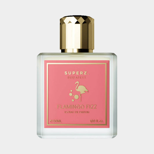A stylish bottle of Superz Flamingo Fizz Sample, featuring a pink label with a gold flamingo and a chic gold cap, containing 50ml of fragrant perfume.