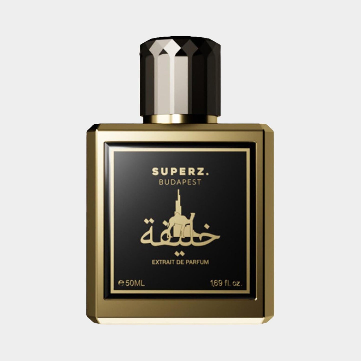 Superz Khalifa Sample, a luxurious 50ml perfume housed in a sleek black and gold bottle, featuring elegant typography and a distinctive cap.