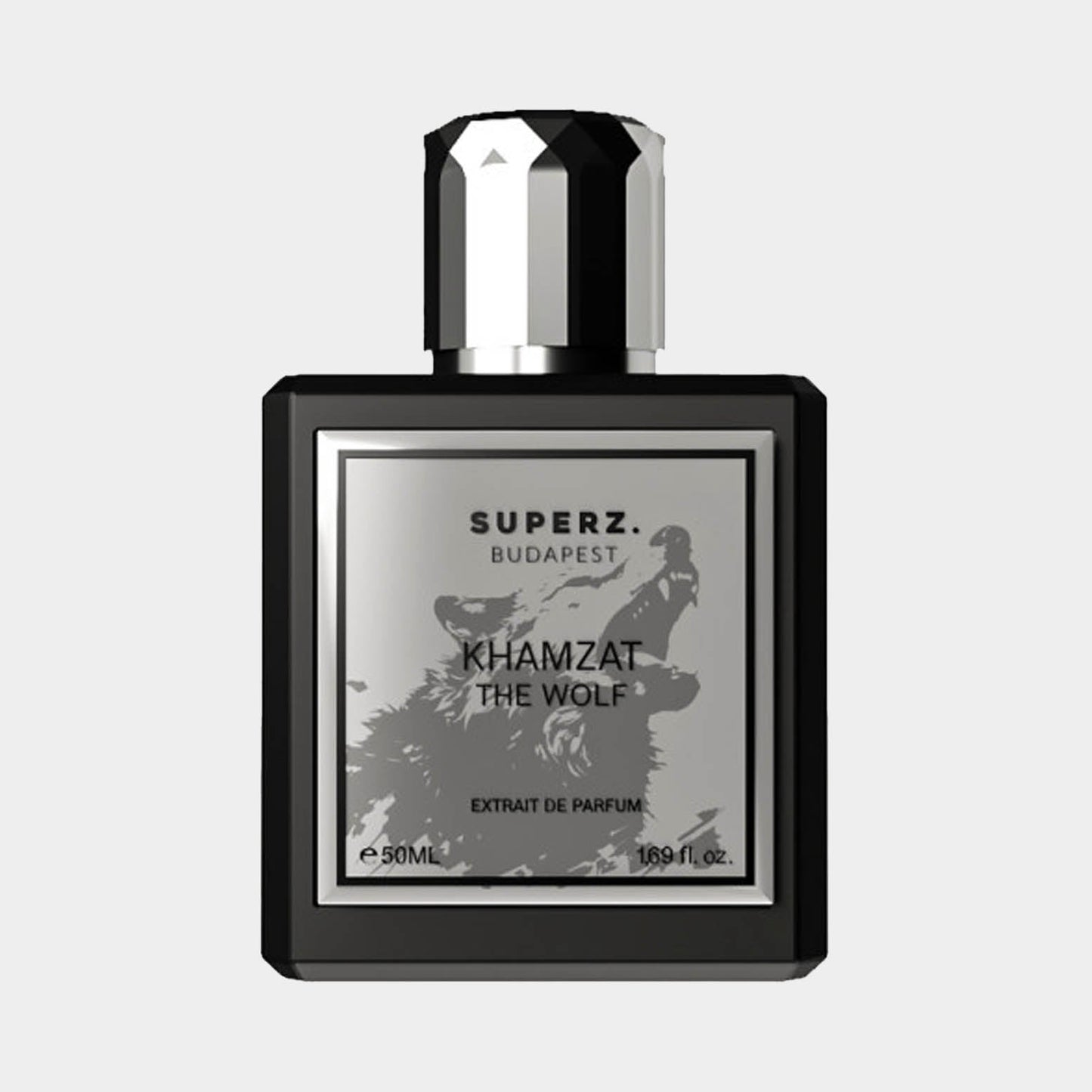A full bottle of Superz Khamzat The Wolf fragrance, featuring a sleek black design with a silver label depicting a wolf. The bottle holds 50 mL of extrait de parfum.