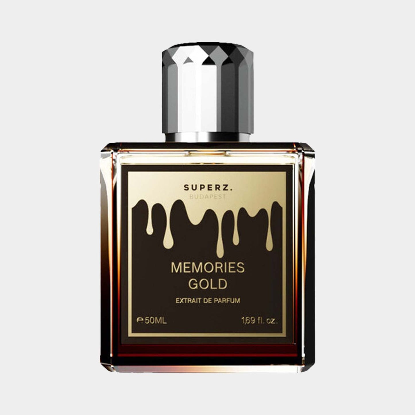 A full bottle of Superz Memories Gold, featuring a sleek design with a black and gold label, and a faceted silver cap. The bottle contains 50ml of exquisite extrait de parfum.