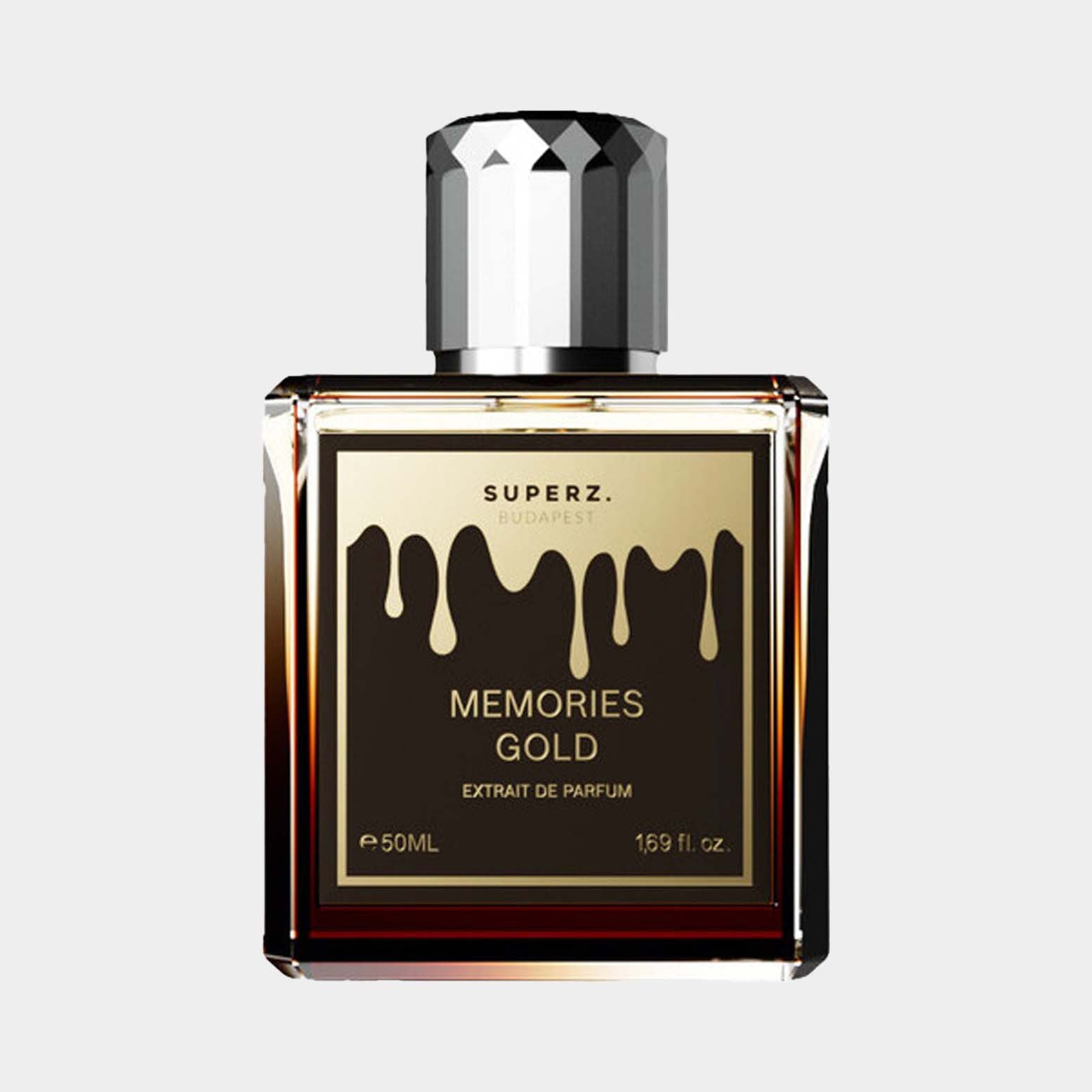 A full bottle of Superz Memories Gold, featuring a sleek design with a black and gold label, and a faceted silver cap. The bottle contains 50ml of exquisite extrait de parfum.