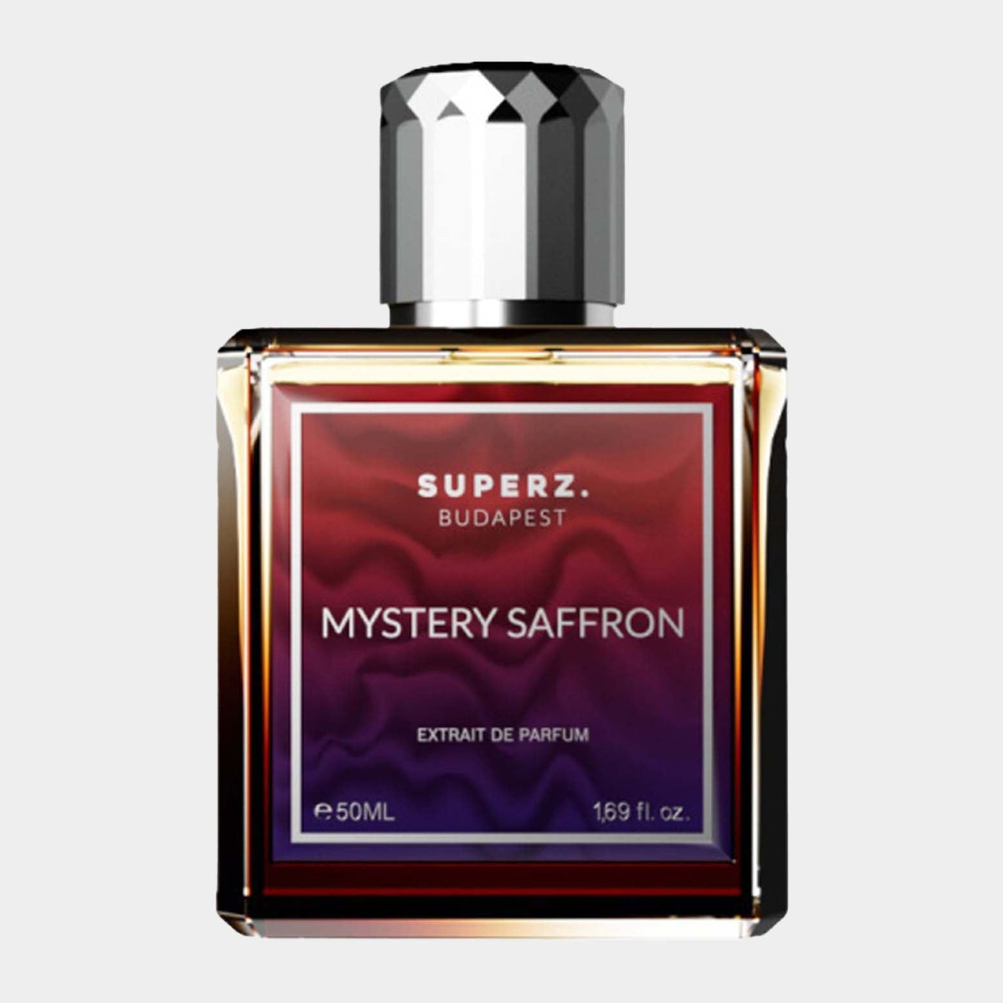 A sleek, rectangular bottle of Superz Mystery Saffron Sample, featuring a bold label with rich purple and red gradients, and a shiny silver cap. The bottle contains 50 ml of exquisite saffron-scented perfume.