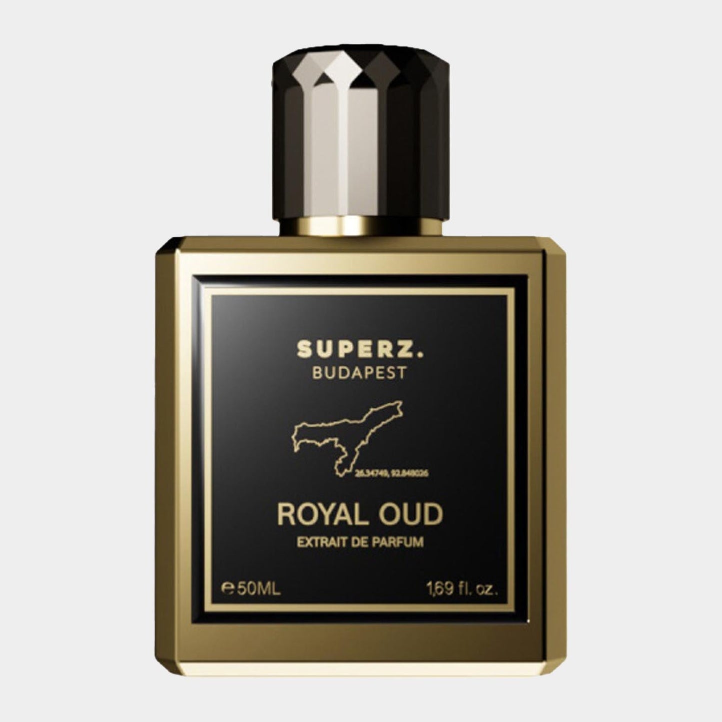 A sleek, gold-framed bottle of Superz Royal Oud perfume, featuring a black label and a faceted cap, containing 50ml of extrait de parfum.