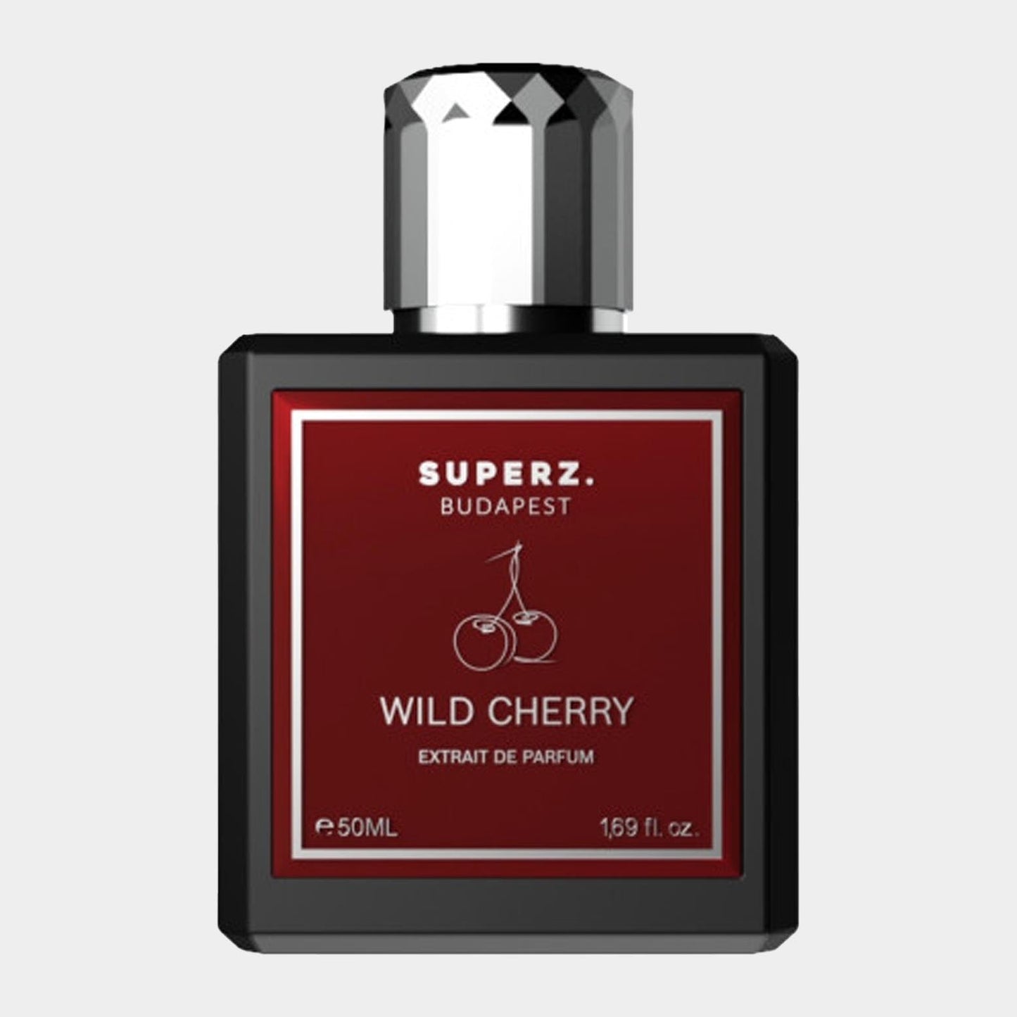 A 50ml bottle of Superz Wild Cherry Sample fragrance, featuring a sleek black design with a red label depicting cherries, showcasing the product's luxurious and enticing scent.