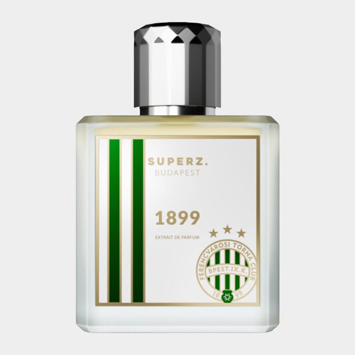A full bottle of Superz 1899 Extrait de Parfum, featuring a sleek rectangular design with a silver cap, adorned with green and white stripes and a minimalist label indicating its name and origin, Budapest.